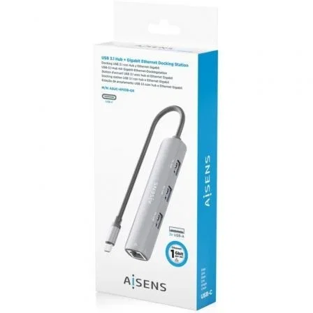 AISENS Dock USB-C a Ethernet Gigabit + Hub 3xUSB-A, Gris, 15cm
